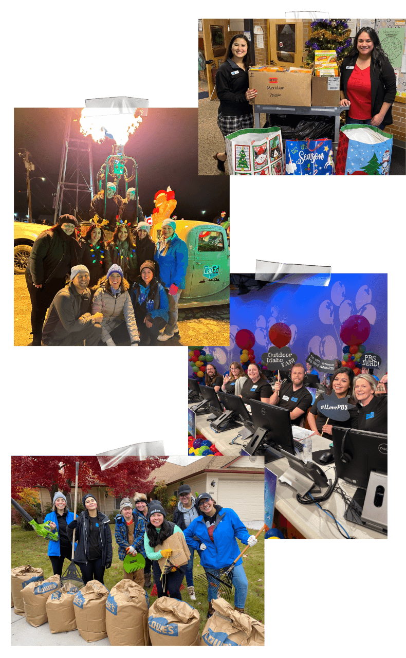 CapEd staff participating in various events including parades, Rake Up Boise, food drive, and a telethon.