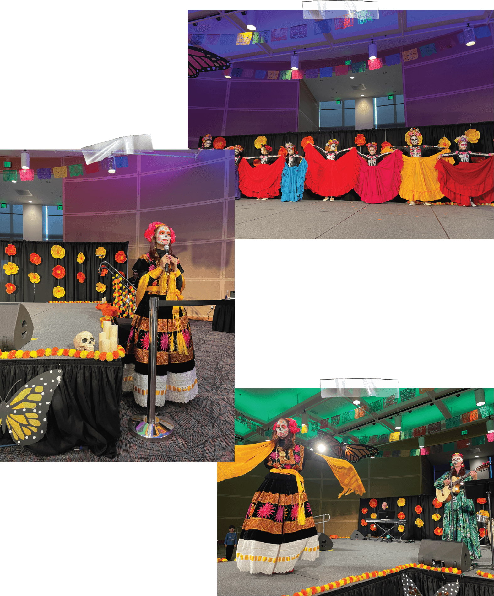 Collage of three images. The first is a group of dancing performers in Dia de los Muertos dresses, the second is a woman in a traditional Dia de los Muertos dress speaking at an event, and the third is a set of two performers with one playing a guitar while the other dances on a stage.