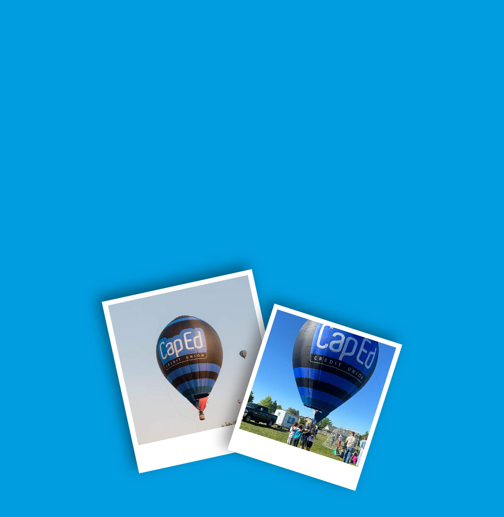 Photographs of CapEd's Read to Rise hot air balloon in the sky as well as a group of children looking at the balloon in their school's field.