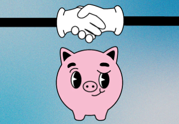 Cartoon style piggy bank smiling toward two people shaking hands.