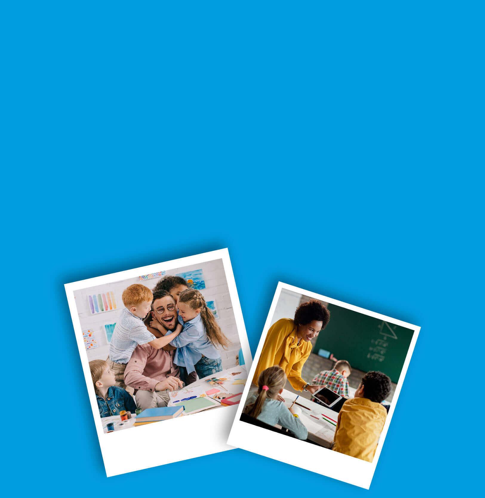 Pictures of a smiling family as well as a teacher explaining something to some of their students.