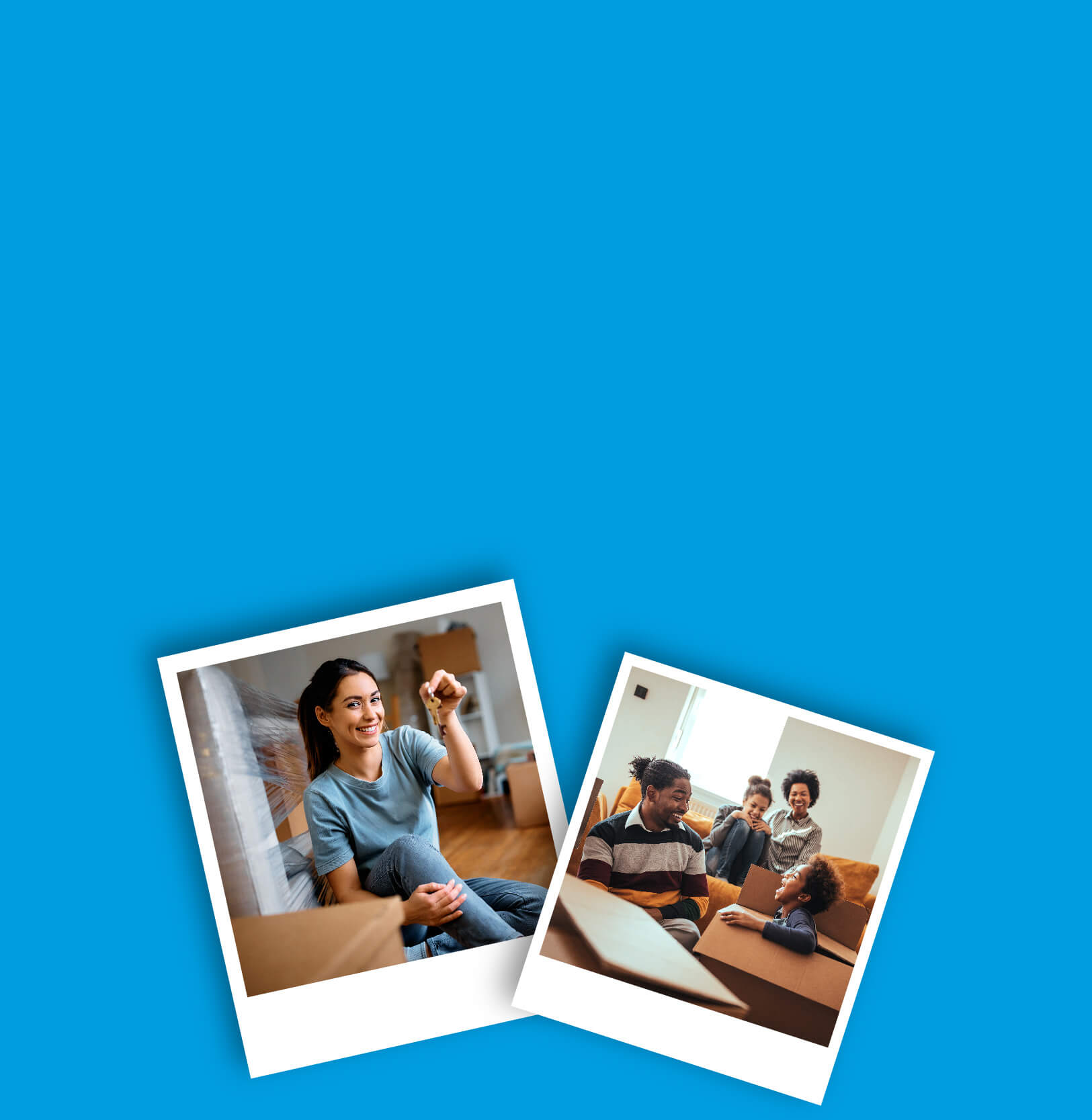 Picture of a woman smiling and holding a house key for a home she's just moved into as well as a picture of a family of four smiling in a home full of boxes from a move.