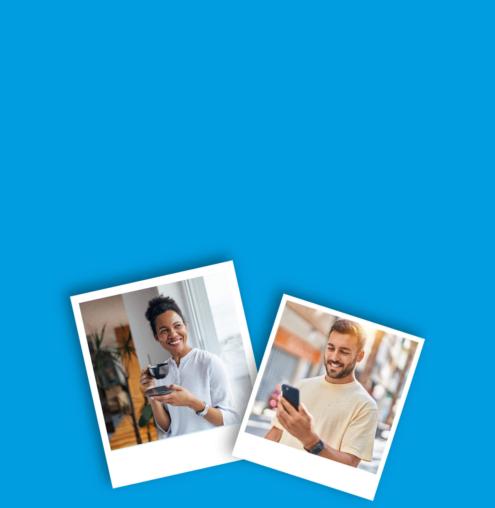 Two photographs with one being a woman enjoying a cup of coffee and the other being a man smiling and checking his phone.