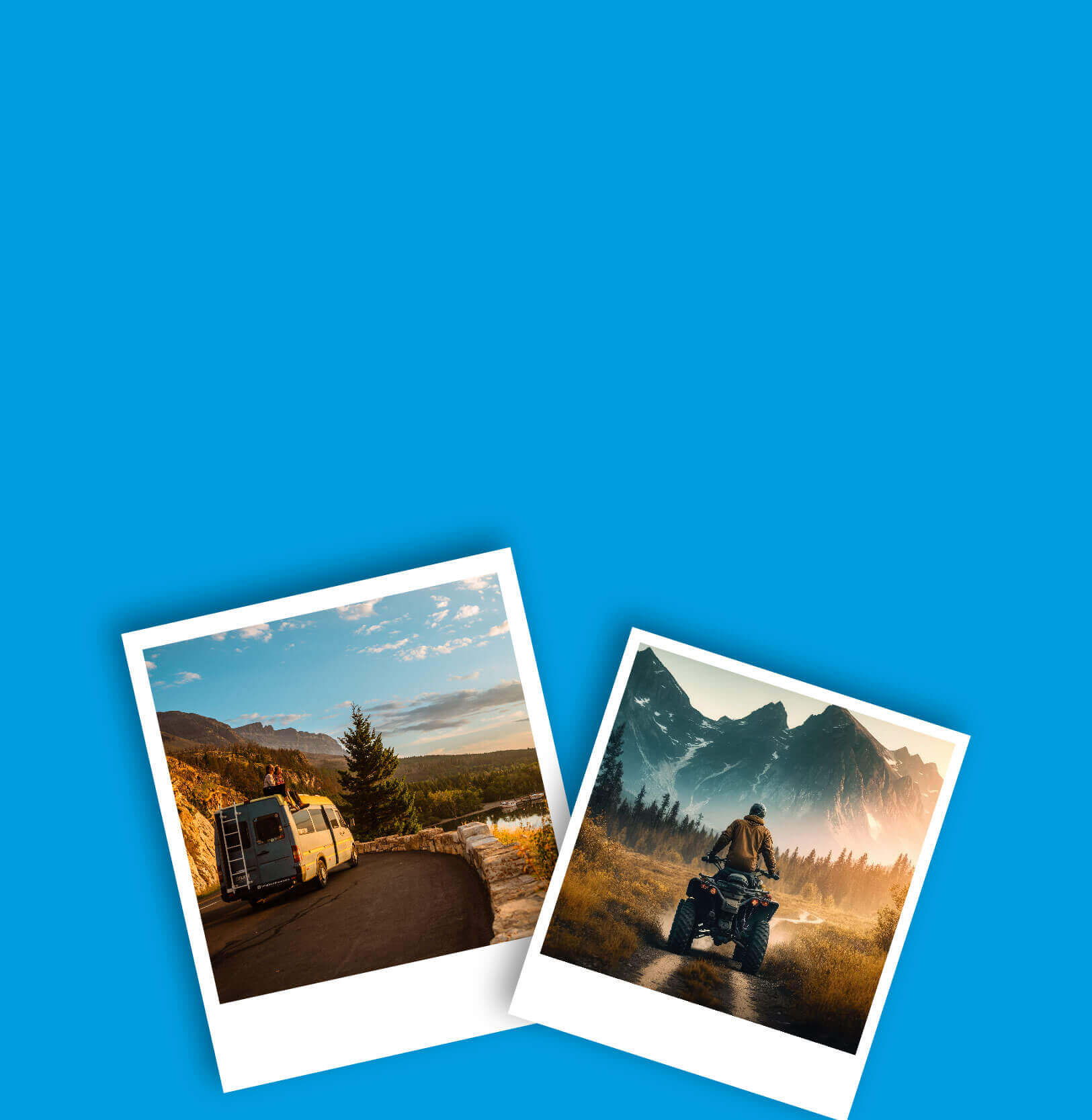 Pictures of an RV driving on a scenic road as well as a 4-wheeler going down a dirt path.