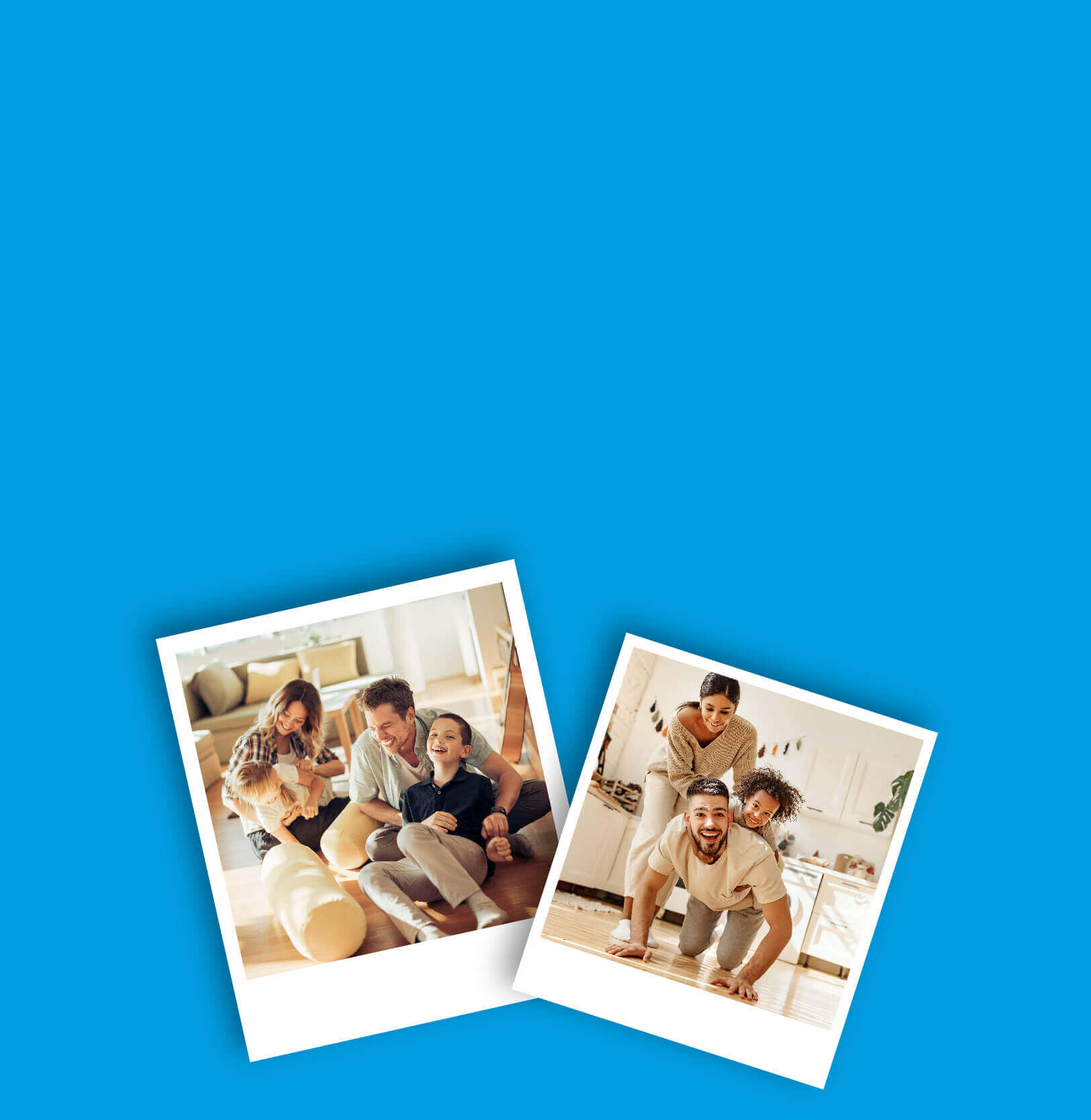 Pictures of happy families interacting inside their homes.