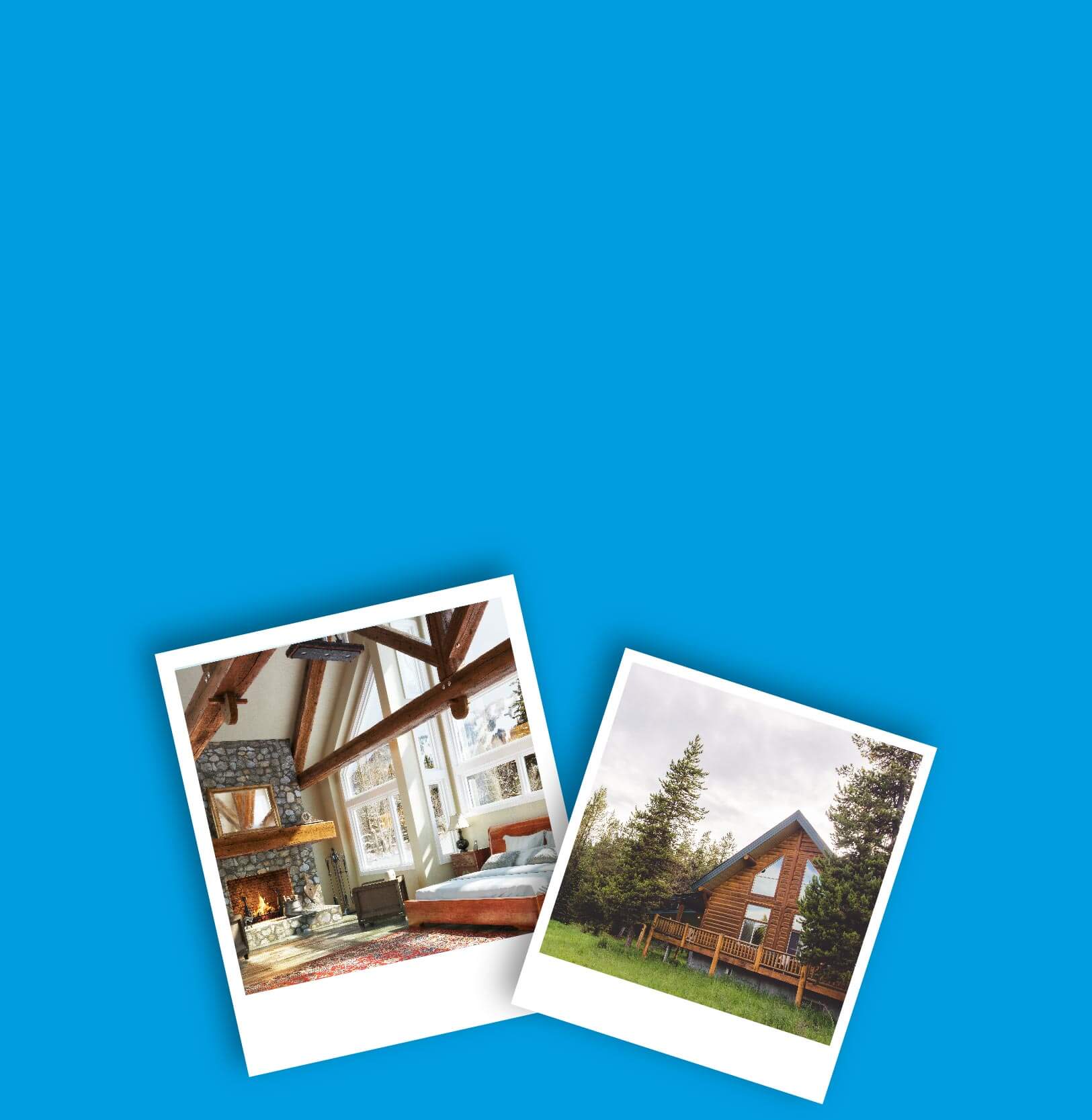 Two photographs with one having the interior of a cabin bedroom with a fireplace and the other showing the exterior of a cabin with a deck in the woods.