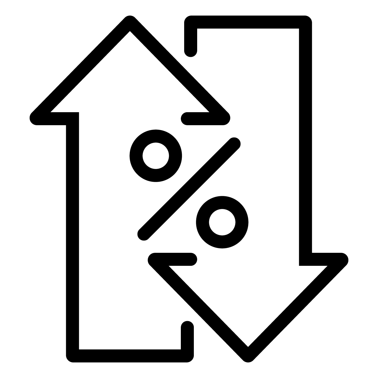 A pair of arrows with one pointing up and one pointing down with a percent sign in the middle of them.