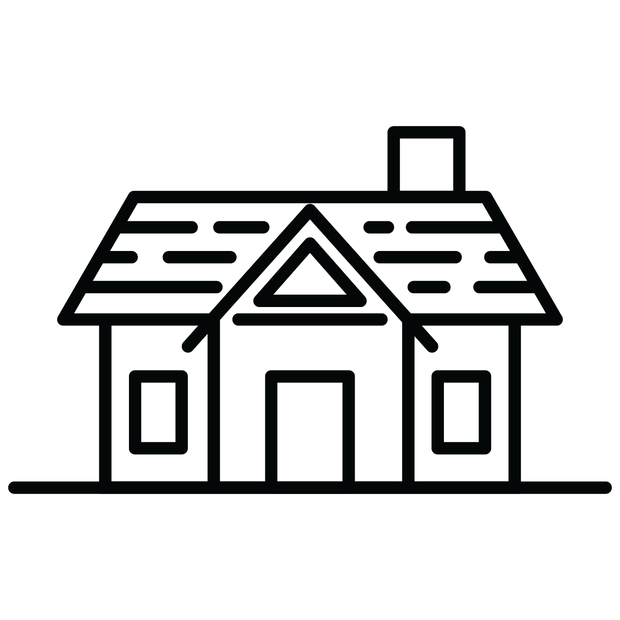 Line graphic of a house with two front windows and a chimney.