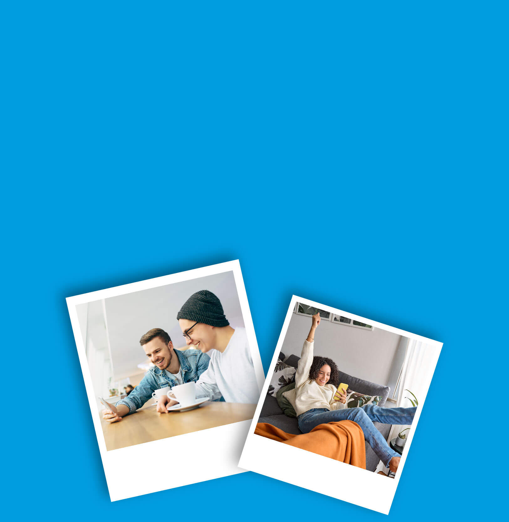 Two photographs with the first being a pair of men at a coffee shop smiling while looking at a phone and the second being a woman sitting on a bed and cheering because of something she sees on her phone.