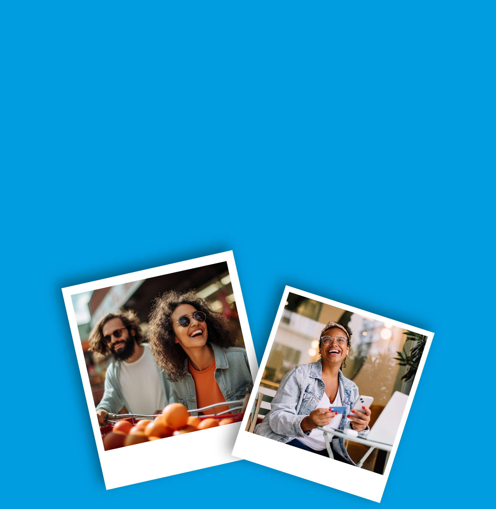 Two photographs with the first being of a man and woman shopping in the produce section of a grocery store and the second being a smiling woman holding a debit card and making a payment on her phone.