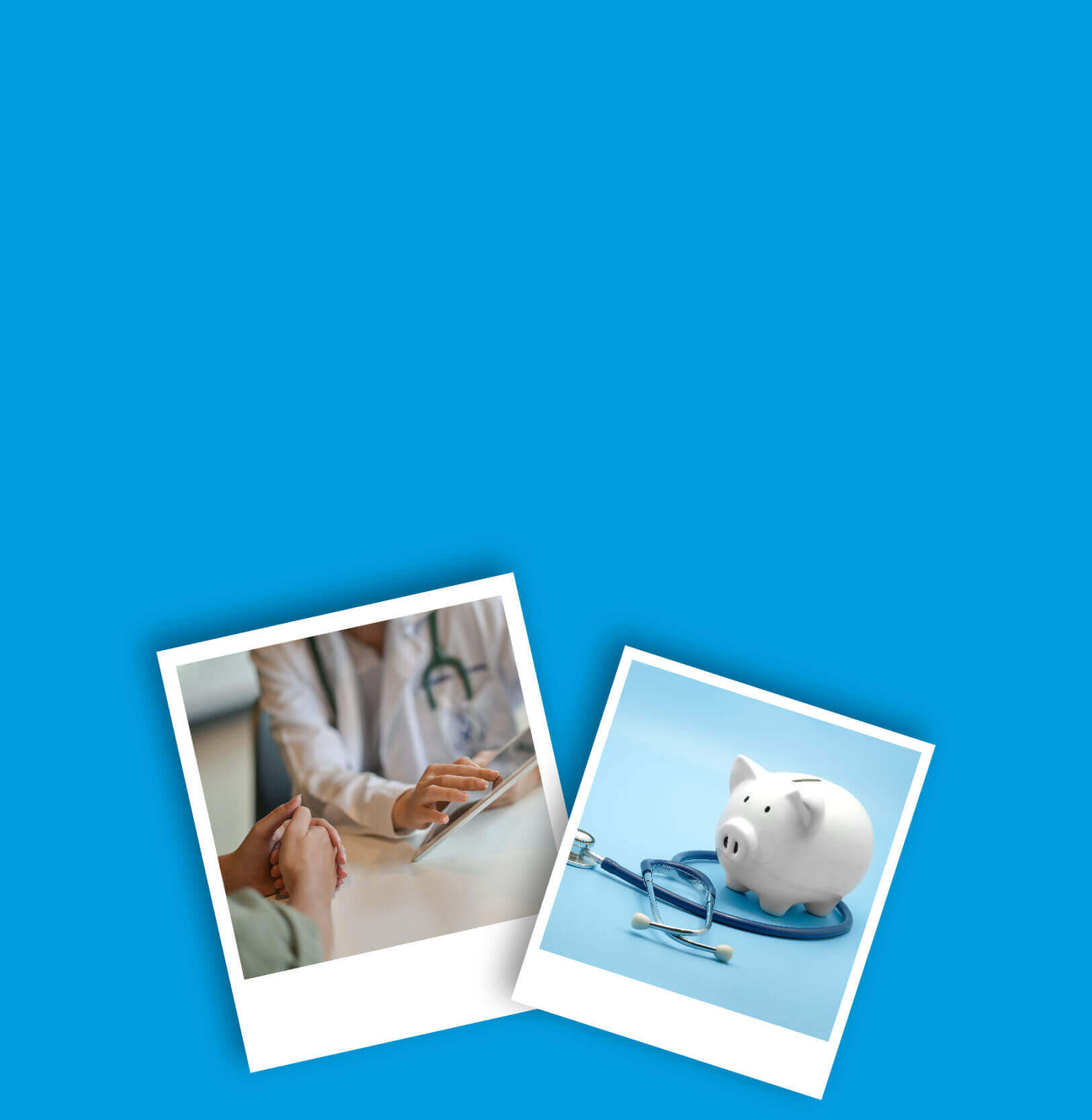 Doctor and patient at a table discussing medical information as well as a piggy bank with a stethoscope.