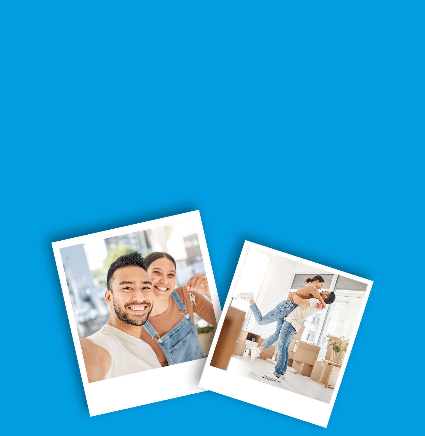Pictures of first time homebuyers smiling and celebrating in their new home.