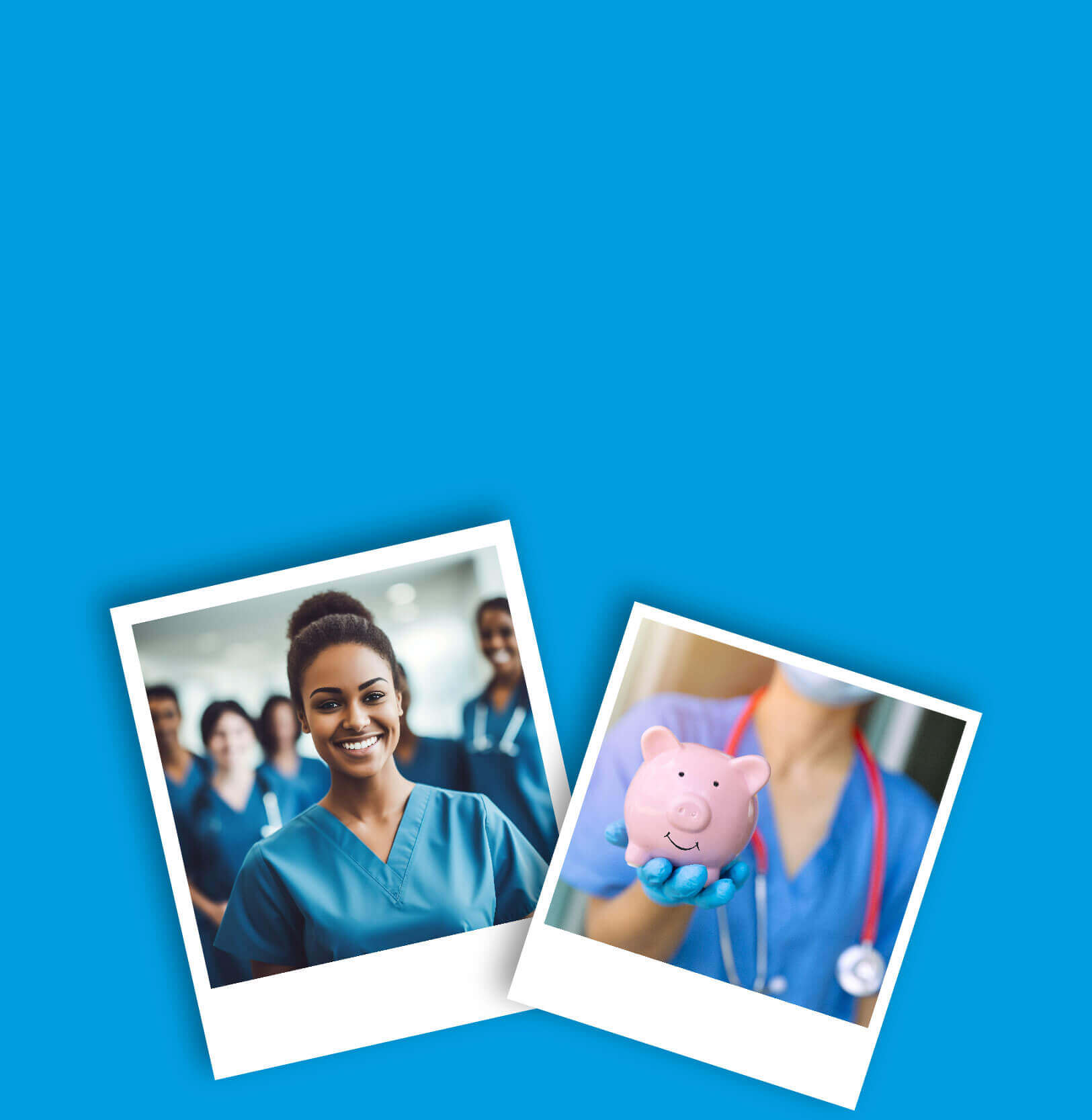 Pictures of medical professionals and a doctor holding a piggy bank.