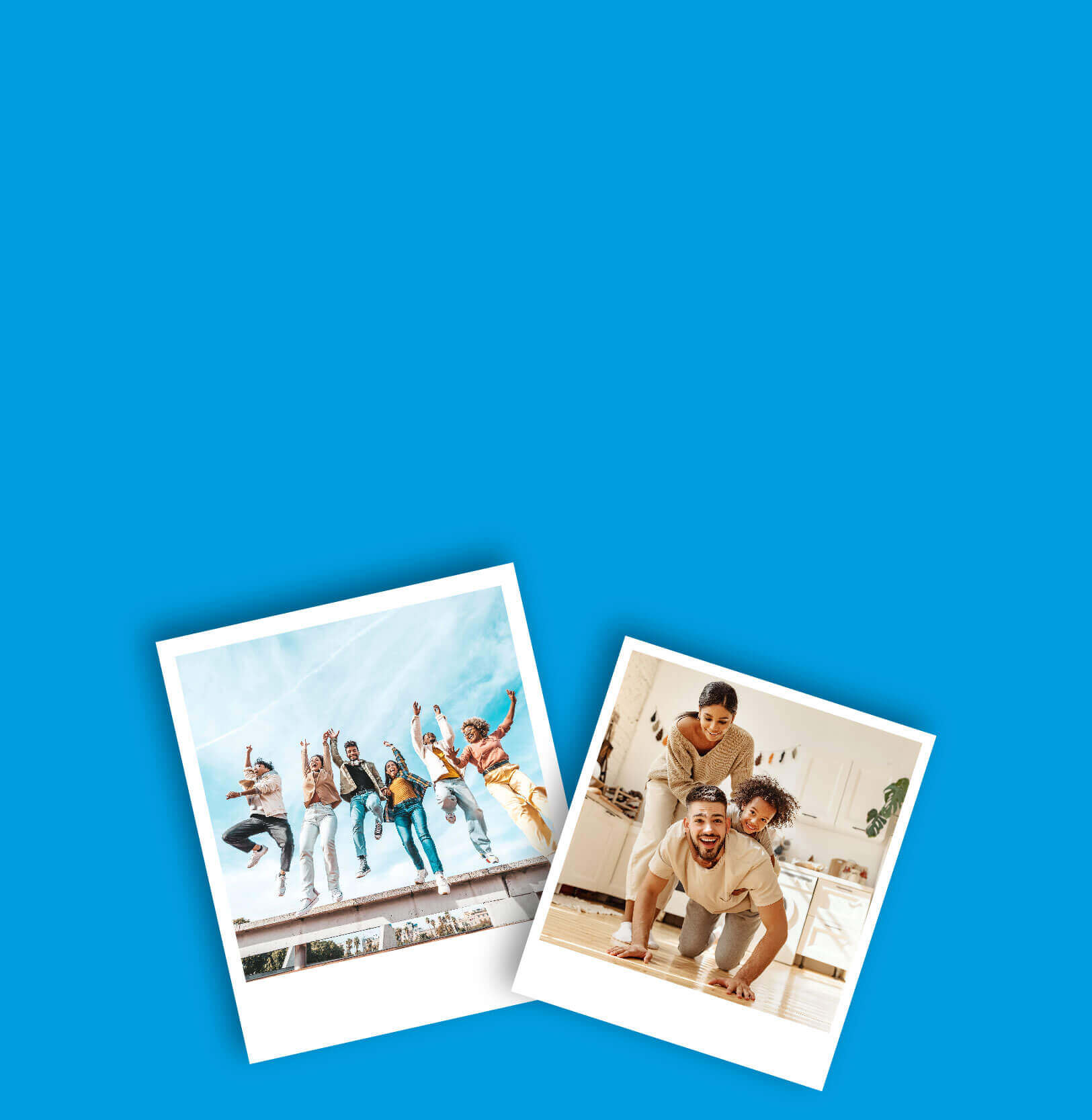 A picutre of a group of young adults jumping as well as a picture of a mother and two children.