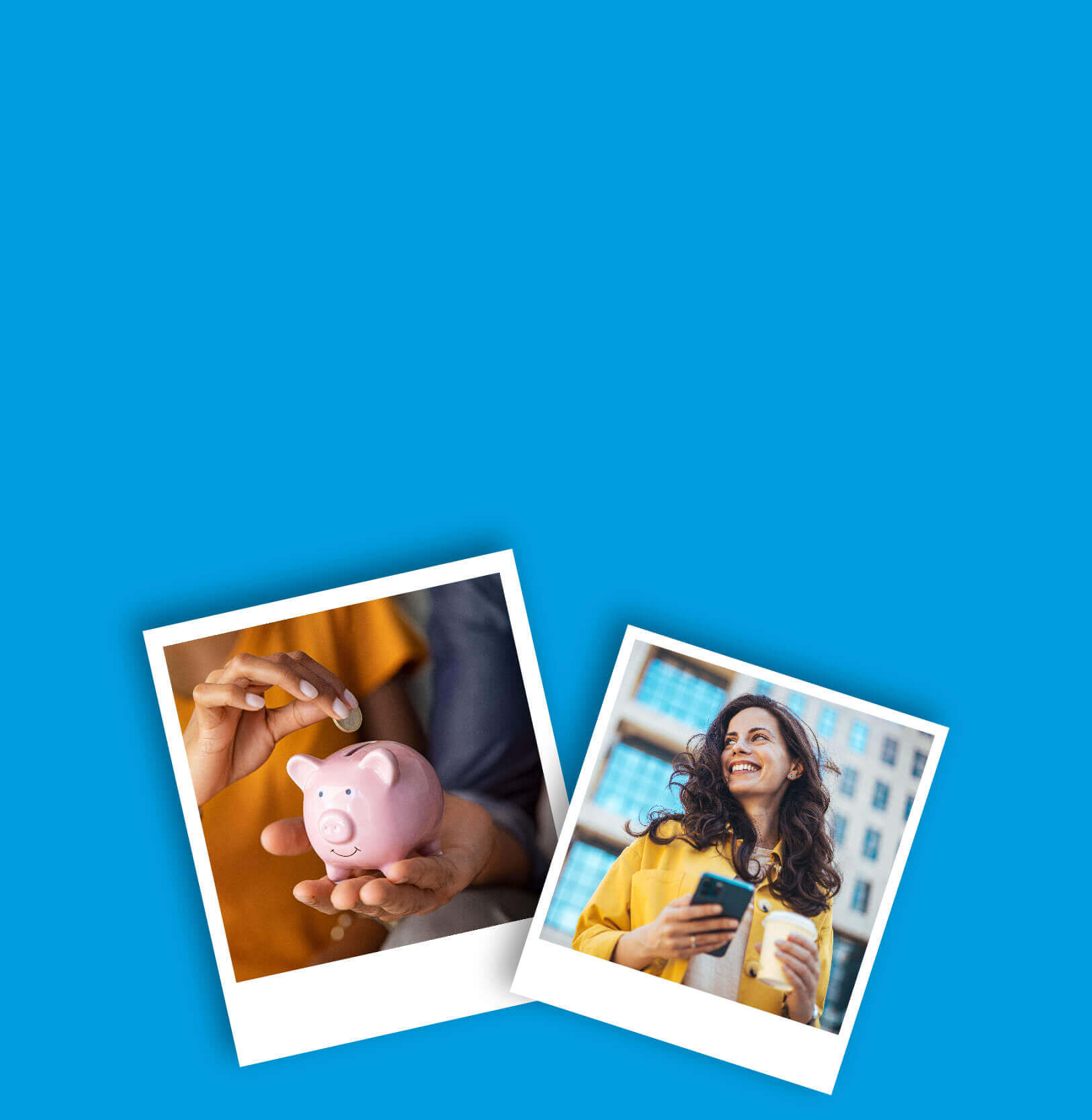 Person holding a small piggy bank as well as a smiling member using their phone.