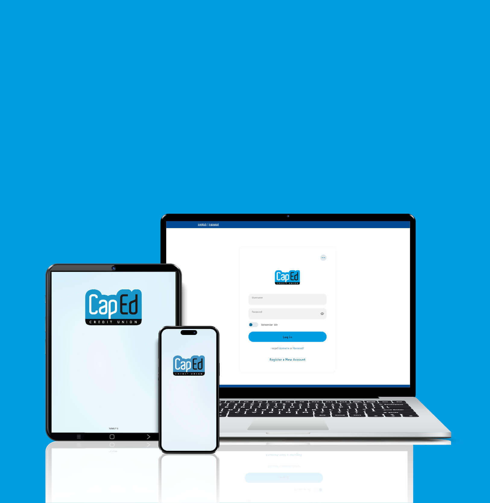 The CapEd banking app on a variety of devices including laptop, tablet, and cell phone.