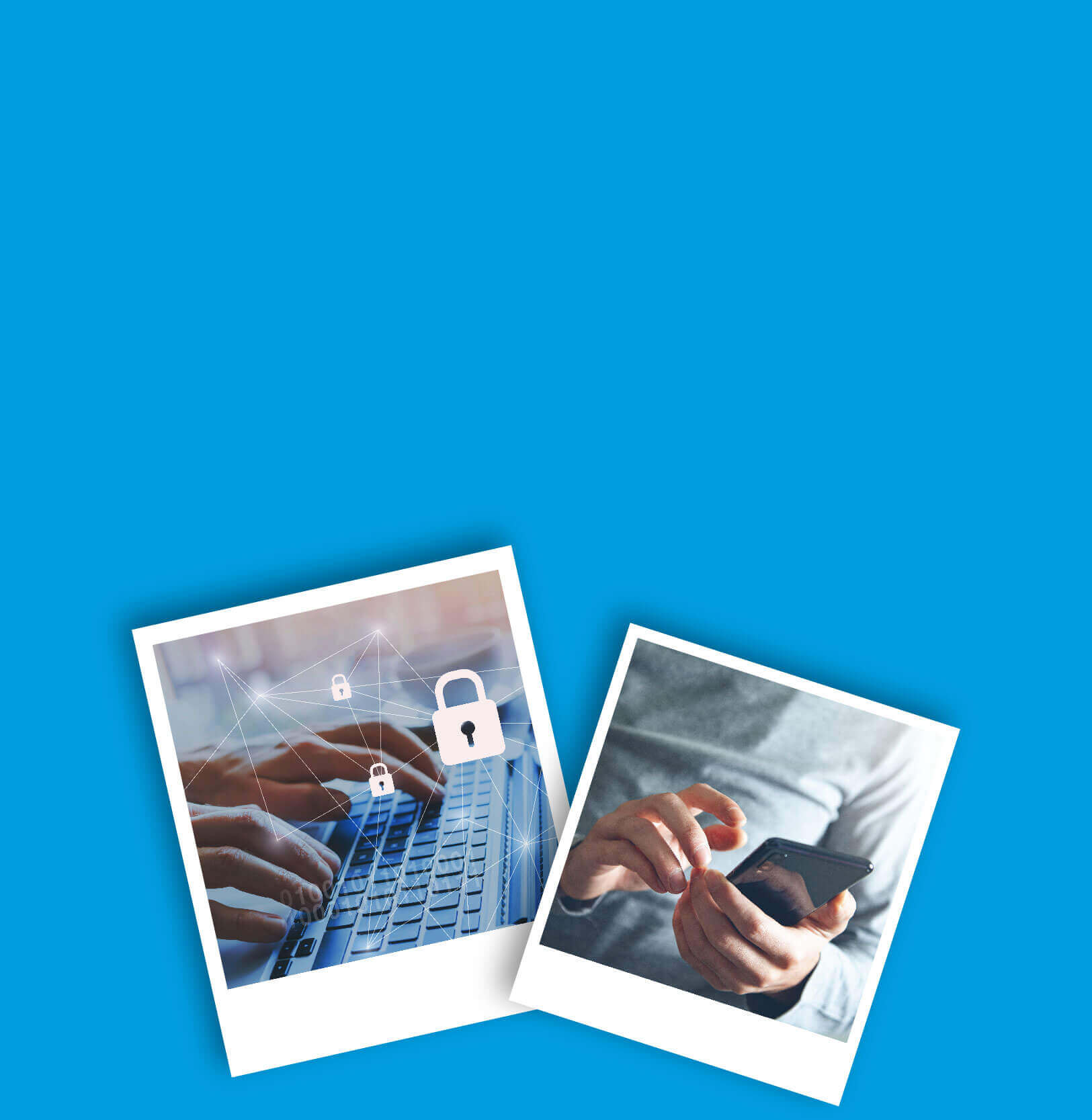 Two pictures of people with one being a person typing on a keyboard with a padlock over the top and another tapping on their phone.